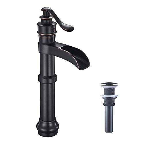 Bathadore Tall Single Handle Oil Rubbed Bronze Waterfall Bathroom Vessel Sink Faucet Farmhouse One Hole with Pop Up Drain
