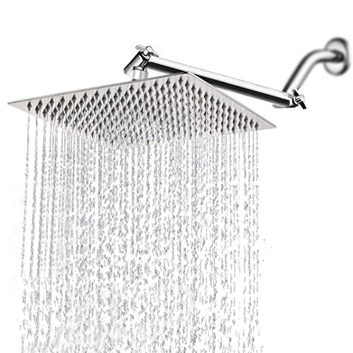 HarJue 12'' Rainfall Shower Head with 11'' Adjustable Extension Arm, HarJue High Pressure Large Stainless Steel Square Rain