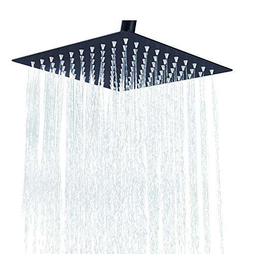 Jamcoly 12 Inch Large Rainfall Shower Head Square Rain Shower Head matte black and High Pressure Stainless Steel Shower Head Coverage