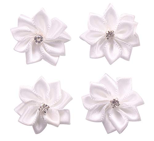 YAKA 60Pcs White Satin Ribbon Flowers Bows Rose W/Rhinestone Appliques Craft Wedding 1.1inch