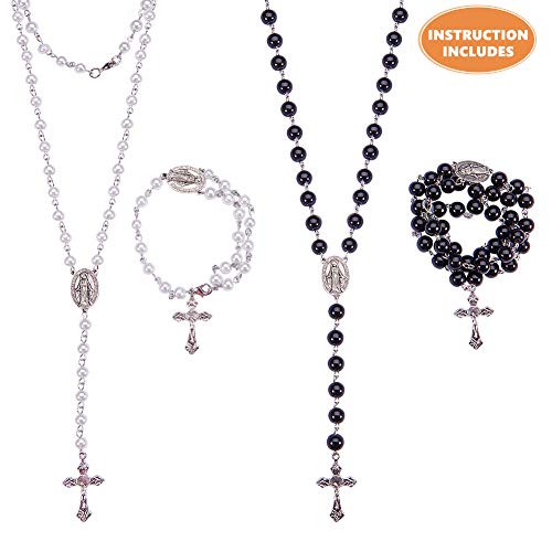 SUNNYCLUE DIY 2 Sets Rosary Making Kit Rosary Necklace Kit - 2 Strands 6mm 8mm White Black Handmade Glass Pearl Beaded Chain,