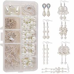 SUNNYCLUE 1 Box DIY 8 Pairs White Pearl Drop Dangle Long Earring Making Starter Kit Pearls Ball Jewelry Supplies Craft Set