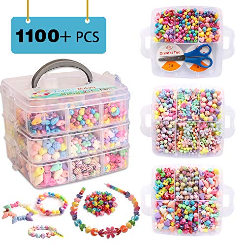 Inscraft Beads for Kids, 1100 Jewelry Making Bead Kit Includes Scissor, String, 3 Hair Hoops, Instruction and Accessories for Bracelet