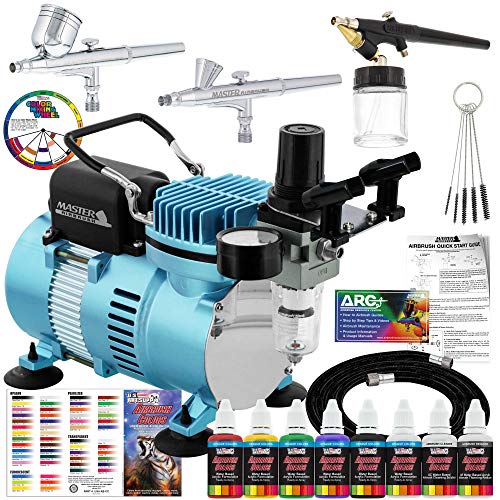 master airbrush cool runner ii dual fan air compressor professional airbrushing system kit with 3 airbrushes, gravity and sip