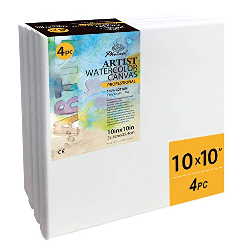PHOENIX Stretched Watercolor Canvas - 10x10 Inch/4 Pack - 3/4 Inch Profile Professional Artist Painting Canvas for Water