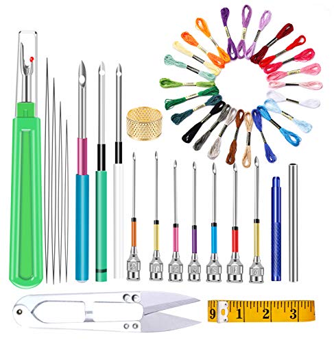 lmzay Punch Needle Tool Kit 24 Rainbow Color Embroidery Thread 10 Pcs  Embroidery Punch Needles Soft Tape Measure Yarn Scissors Seam