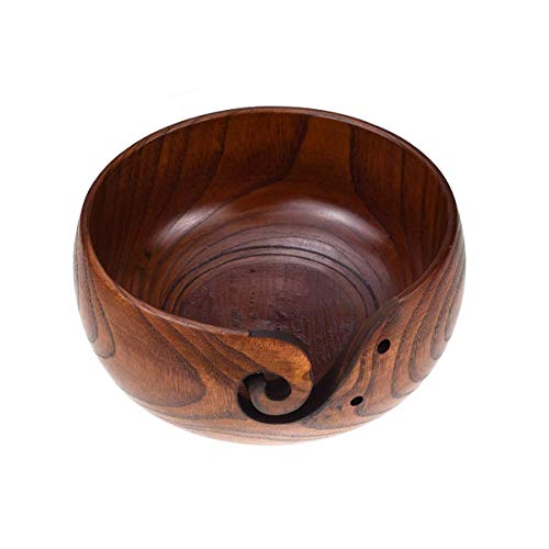 ZX VISION Wooden Yarn Bowl with Holes Holder Rosewood Handmade Craft Knitting Bowl Storage Knitting and Crocheting Accessories Kit