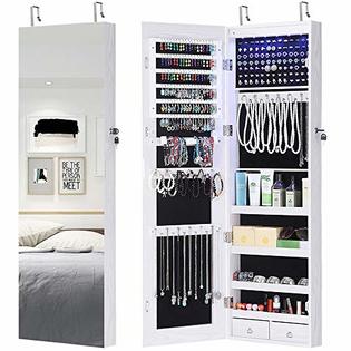 Gissar Full Length Mirror Jewelry Cabinet 6 Leds Armoire Wall Mounted Over The Door Hanging Organizer 6 Leds Jewelry Armoire Wall Mounted, Mirror With Jewelry Storage