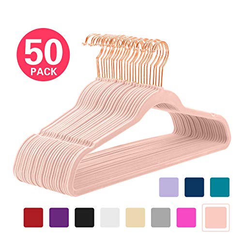 MIZGI Premium Velvet Hangers (Pack of 50) Heavyduty - Non Slip - Velvet Suit Hangers Blush Pink - Copper/Rose Gold