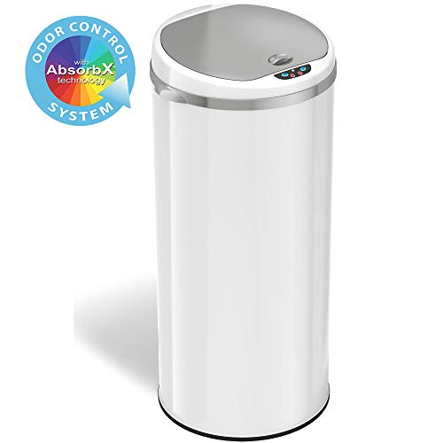 iTouchless 13 Gallon Touchless Sensor Trash Can with AbsorbX Odor Filter System, Round White Steel Garbage Bin, Perfect for