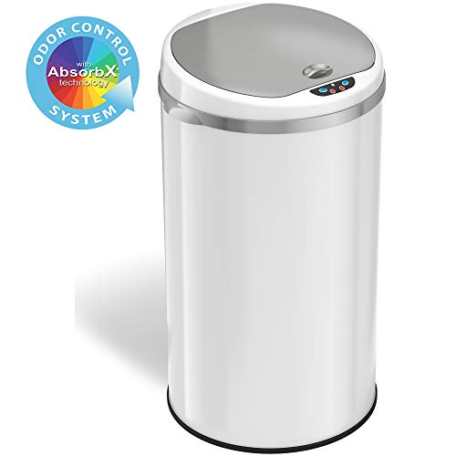 iTouchless 8 Gallon Touchless Sensor Trash Can with AbsorbX Odor Filter System, 30 Liter Round White Steel Garbage Bin,