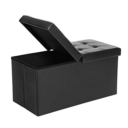 SONGMICS 30 Inches Folding Storage Ottoman Bench with Flipping Lid, Storage Chest Footstool, Faux Leather, Black ULSF45BK