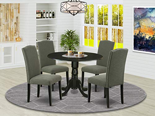 East West Furniture DLEN5-BLK-20 5Pc Round 42" Kitchen Table With Two 9-Inch Drop Leaves And Four Parson Chair With Black Leg