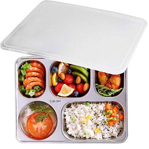 AIYoo 304 Stainless Steel Divided Plates with Lid for Adults Divided Dinner Tray 5 sections Bento Lunch Box Divided Food
