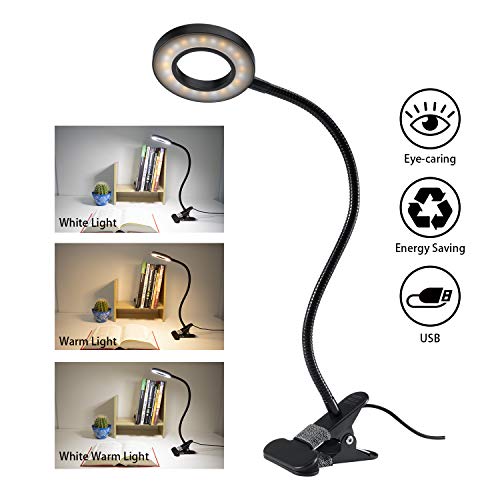 QQAPPU Clip Light Reading Lights - QQAPPU 24 LED USB Book Clamp Light with 3 Color Modes, 10 Brightness Dimmer and Auto Off Timer,