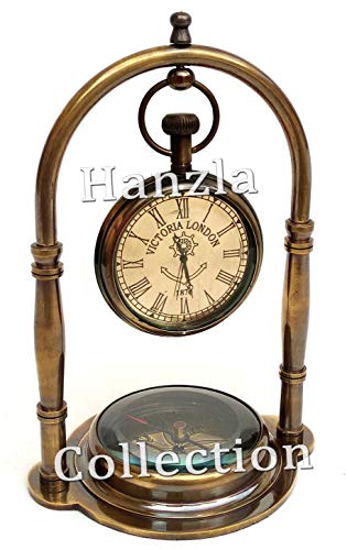 Hanzlacollection Hanzla Collection Nautical Clock Ship Table Clock Brass Desk Clock Maritime Brass Compass with Antique Victoria London Pocket