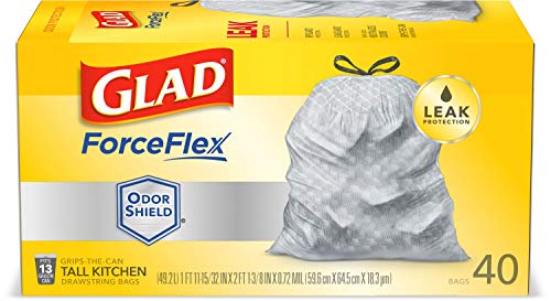 Glad ForceFlex Grey Tall Kitchen Drawstring Trash Bags, Unscented, 13 Gal, 40 Ct (Package May Vary)