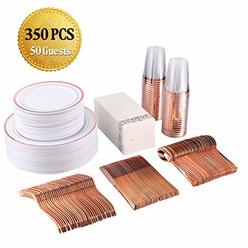 FOCUS LINE 350 Piece Disposable Rose Gold Dinnerware Set for Party or Wedding-100 Plastic Plates - 50 Plastic Silverware - 50