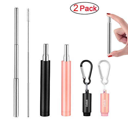 doboli 2 Pack Reusable Metal Straws Collapsible Stainless Steel Drinking Straw Portable Telescopic Straw with Case Black/Rose Gold