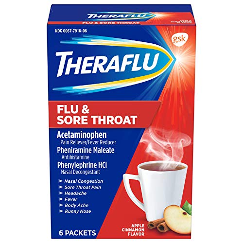 Theraflu Cold and Flu Medicine for Adults and Children 12+, Multisymptom Flu and Sore Throat Relief Powder Packets, Apple