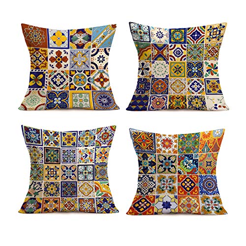 Smilyard Set of 4 Cotton Linen Throw Pillow CoversÂ 18X18 InchÂ Mexican  Tiles Couch Pillow Covers Colorful