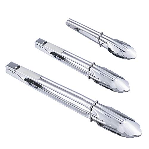 HINMAY Stainless Steel Kitchen Tongs Set Metal Cooking Tongs with Sliding Rings for Barbecue Cooking Salad Grilling Frying