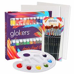 glokers Premium Acrylic Paint Set 24 Acrylic Paint Color Tubes, 10 Professional Paintbrushes, 2 Pcs Canvas Panel, Plastic