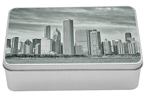 Ambesonne Chicago Skyline Tin Box, Black and White Filtered Photo of Waterfront Cityscape on a Cloudy Day Print, Portable