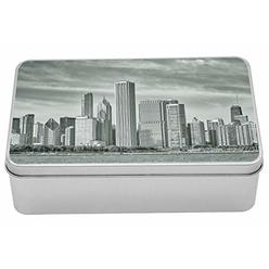Ambesonne Chicago Skyline Tin Box, Black and White Filtered Photo of Waterfront Cityscape on a Cloudy Day Print, Portable