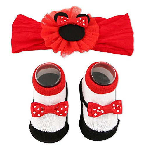 Disney Baby Girls Minnie Mouse Headwrap and Booties Gift Set, red, white, black, 0-12M