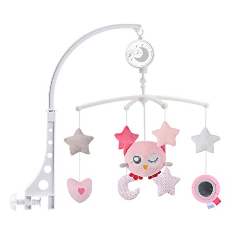 TuiVeSafu Baby Musical Crib Mobile with Hanging Rotating Plush Pink Owl Pendant Toys, Winding Drive Music Box, Infant Bed