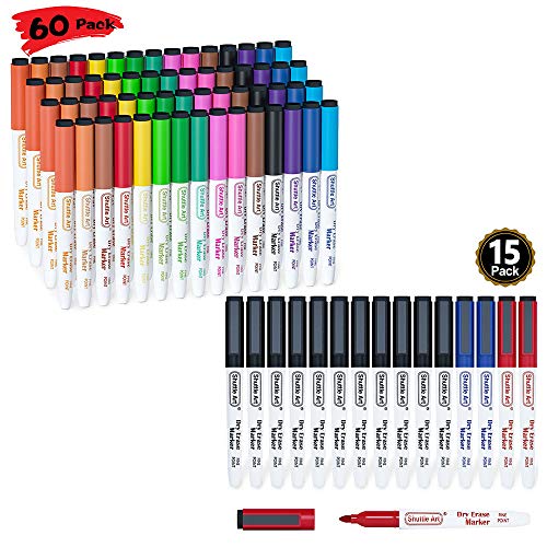 Shuttle Art Dry Erase Markers Bundle - 60 Colors Dry Erase Markers + 15 Pack Dry Erase Markers  11 Black 2 Blue 2 Red