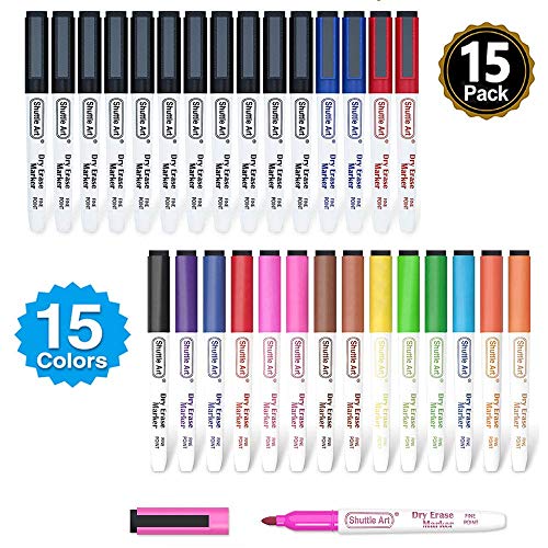 Shuttle Art Dry Erase Markers Bundle - 15 Colors Dry Erase Markers + 15 Pack Dry Erase Markers 11 Black 2 Blue 2 Red