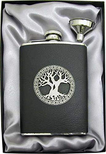 AWOL Celtic Collection by American Way of Life 8oz 'Celtic Tree of Life' Black Top Grain Leather Flask & Funnel Gift Set