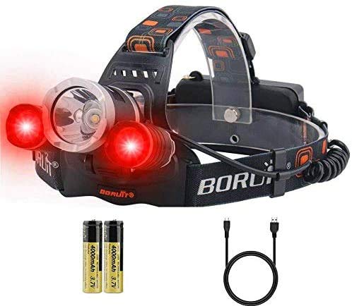 BORUIT Headlamp with Red Light, RJ-3000 Headlamp 5000 lumens White and Red LED Light USB Rechargeable 3 modes Water Resistant