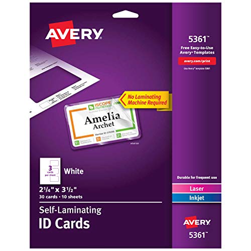 Avery Self Laminating Cards, Printable, 2-1/4" x 3-1/2", 30 ID Badge Holders (5361)