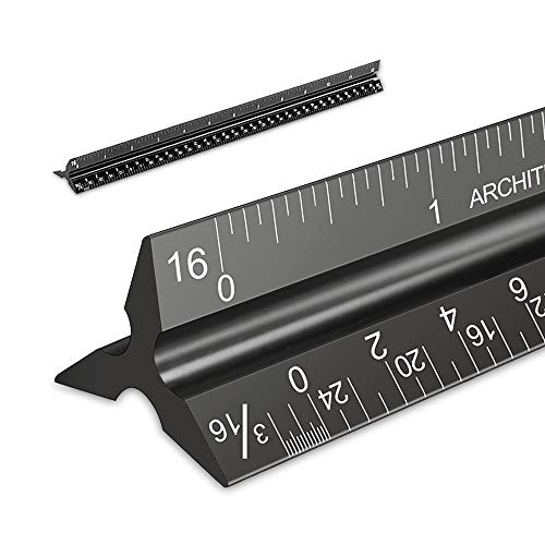 Mveohos Architectural Scale Ruler, Imperial Measurements 12'', Laser-Etched Aluminum Architect Triangular Ruler Black for Architects,