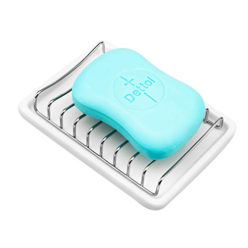 Slideep Ceramic Soap Dish Holder, Stainless Steel Soap Bar Holder for Bathroom and Shower, Double Layer Draining Soap Box