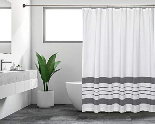 Sticky Toffee Woven Cotton Fabric Shower Curtain, 72 in x 72 in, White with Gray Thick Stripe