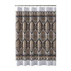 VCNY Fabric Shower Curtain: Floral Damask with Geometric Border Design (Black/Gold)