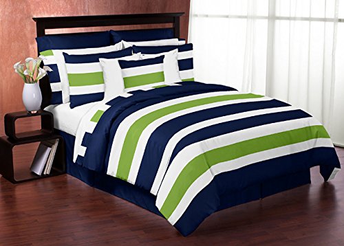 Sweet Jojo Designs Navy Blue Lime Green and White Childrens, Kids, Teen 3 Piece Full/Queen Boys Stripe Bedding Set Collection