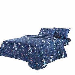 WPM WORLD PRODUCTS MART WPM Kids Collection Bedding 3 Piece Blue Space Ship Rocket Print Twin Size Sheet Set with Flat Fitted Sheets Pillow sham Fun