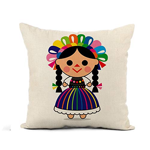 Awowee Flax Throw Pillow Cover Colorful Cartoon Cute of Mexican Doll Character Dress Child 18x18 Inches Pillowcase Home Decor