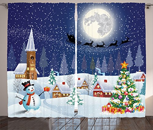 Ambesonne Christmas Curtains, Winter Season Snowman Xmas Tree Santa Sleigh Moon Present Boxes Snow and Stars, Living Room