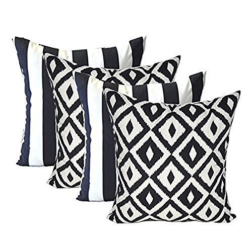 Resort Spa Home Decor Set of 4 - Indoor/Outdoor Square Decorative Throw/Toss Pillows - Black and White Stripe Fabric & Black