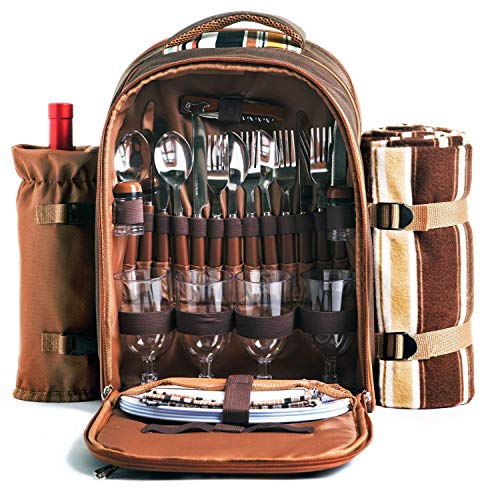 APOLLO WALKER Picnic Backpack Bag for 4 Person With Cooler Compartment, Detachable Bottle/Wine Holder, Fleece Blanket, Plates and Cutlery