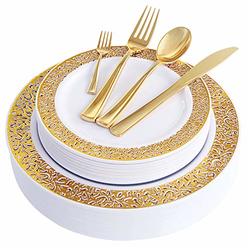 WDF 150PCS Gold Plastic Plates with Disposable Plastic Silverware,Lace Design Plastic Tableware sets include 25 Dinner