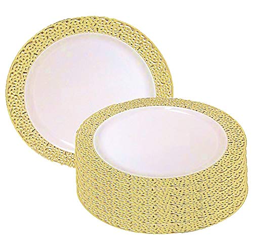 Premium Disposables 7.5 Inch Plastic Plates Trimmed With Gold Lace. Pack Of 40 Elegant Disposable China Like Dinnerware. 7.5" Ivory and Gold Lace