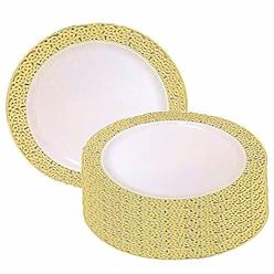 Premium Disposables 7.5 Inch Plastic Plates Trimmed With Gold Lace. Pack Of 40 Elegant Disposable China Like Dinnerware. 7.5" Ivory and Gold Lace