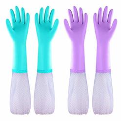 Elgood Reusable Dishwashing Cleaning Gloves with Latex Free, Long Cuff,Cotton Lining,Kitchen Gloves 2 Pairs(Purple+Blue,Medium)